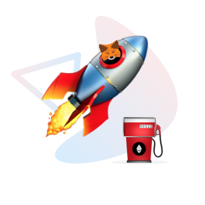 MetaMask fox in a rocket with a gas tank