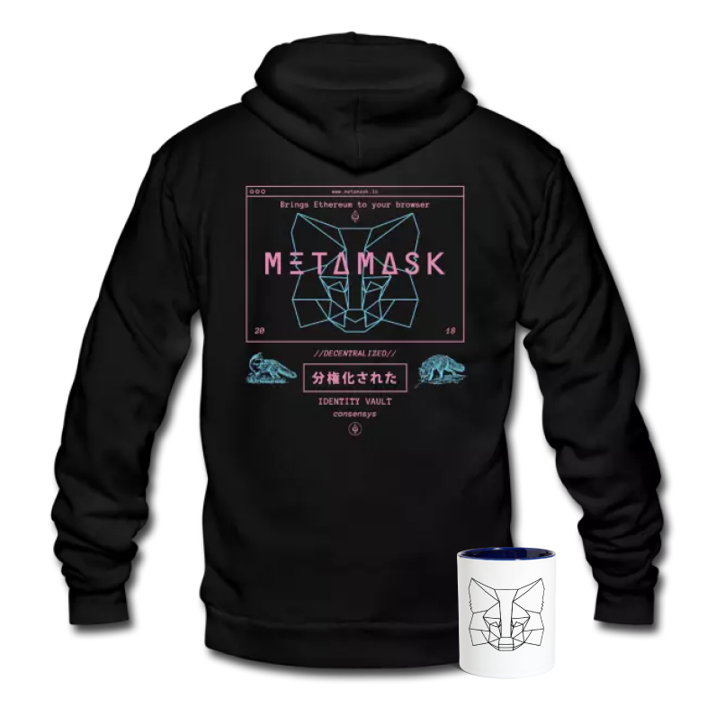 Image of a black hoodie with MetaMask artwork printed on it